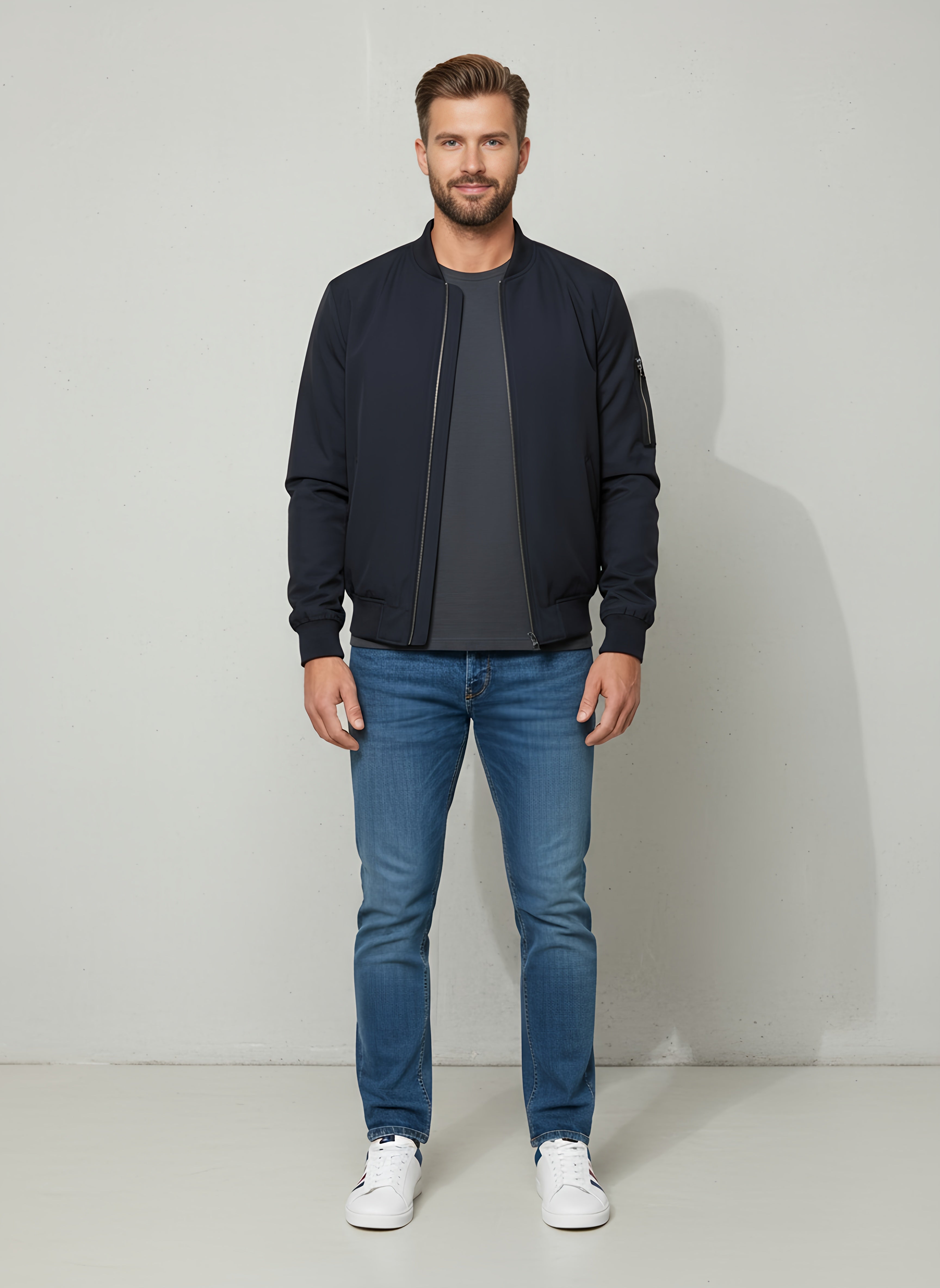 Lightweight Windbreaker Bomber Jacket for Men – Slim Fit, Stylish Design with Ribbed Cuffs and Arm Zip Pocket - 1