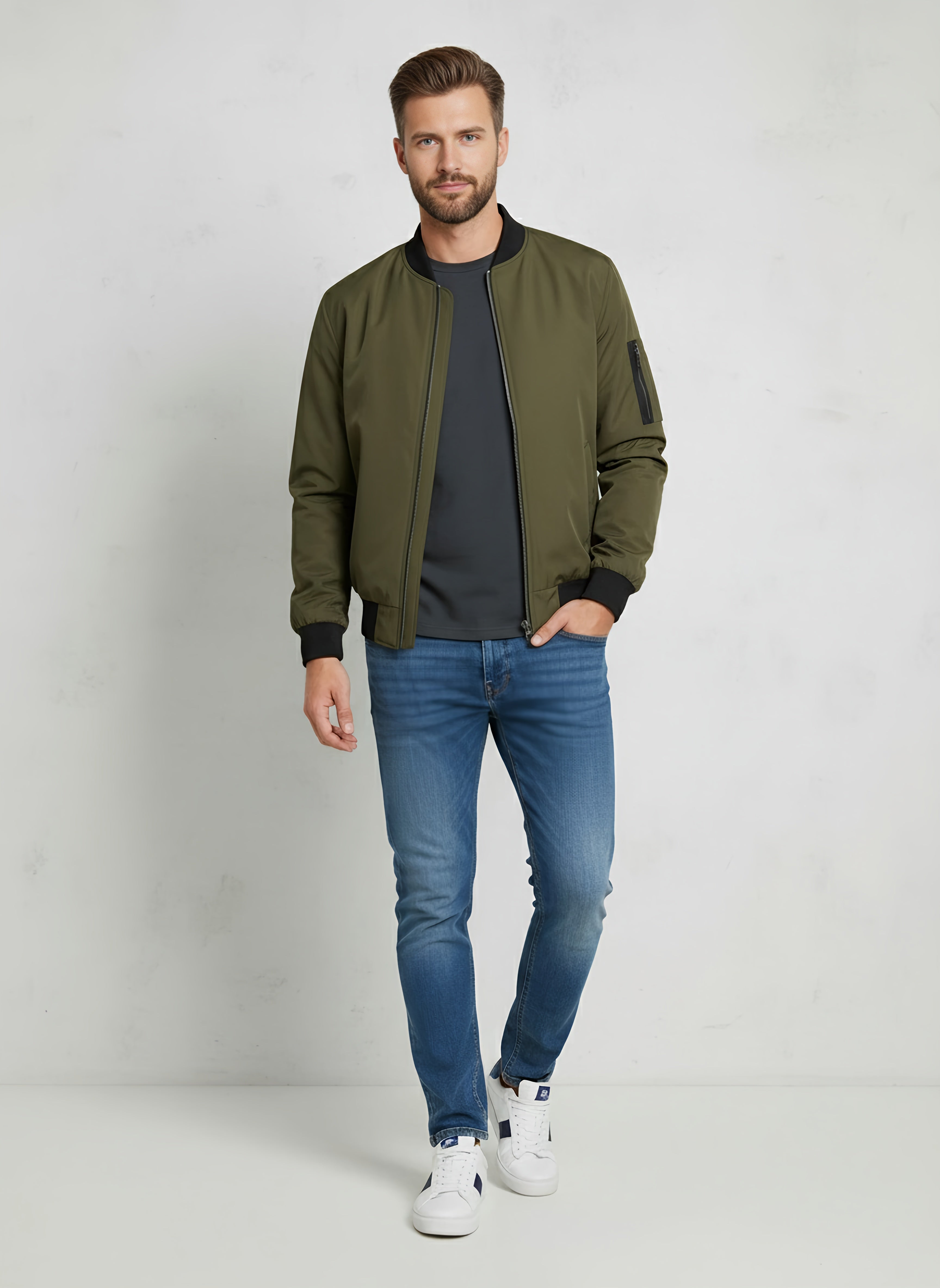 Lightweight Windbreaker Bomber Jacket for Men – Slim Fit, Stylish Design with Ribbed Cuffs and Arm Zip Pocket - 4