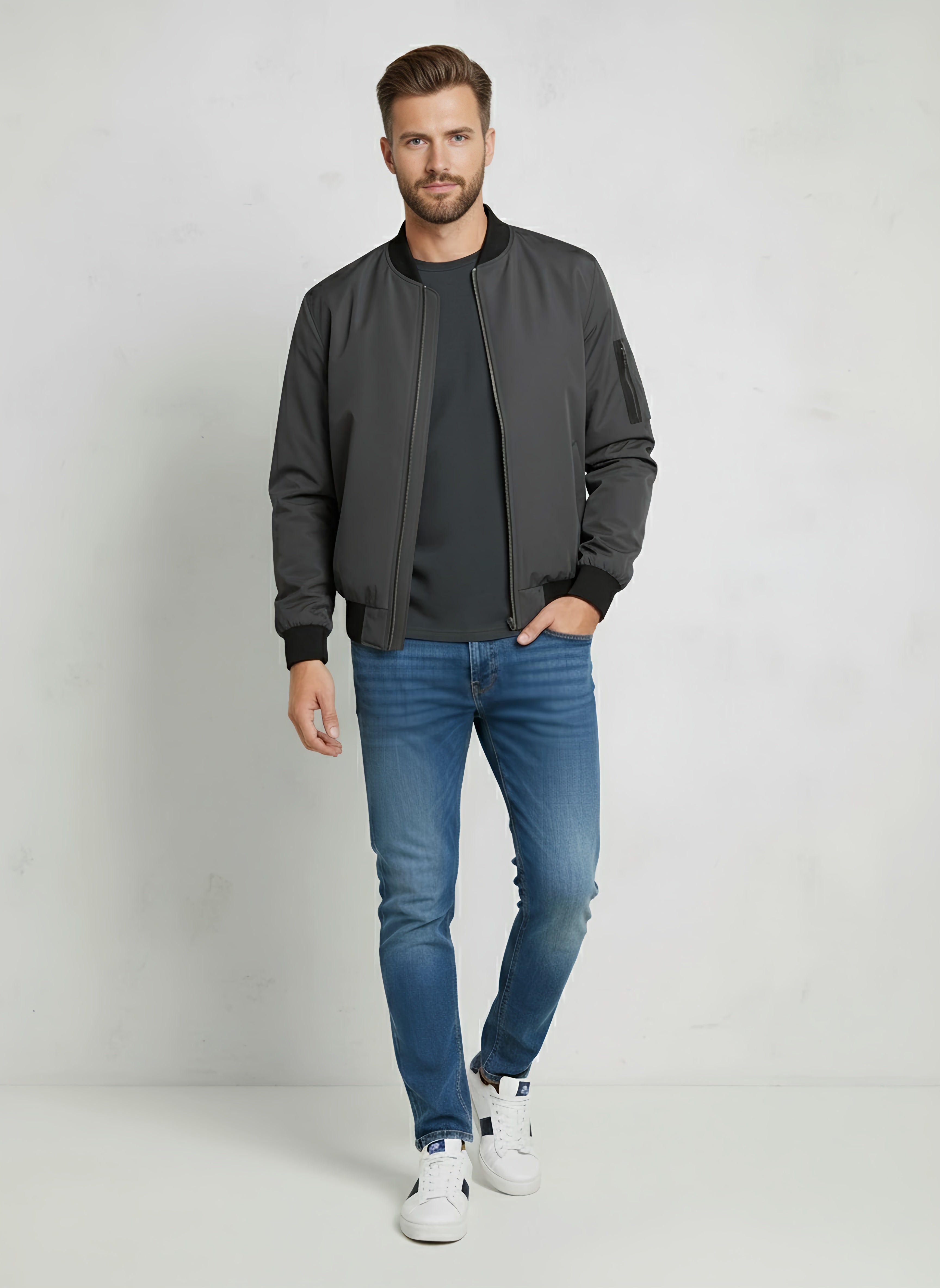 Lightweight Windbreaker Bomber Jacket for Men – Slim Fit, Stylish Design with Ribbed Cuffs and Arm Zip Pocket - 5