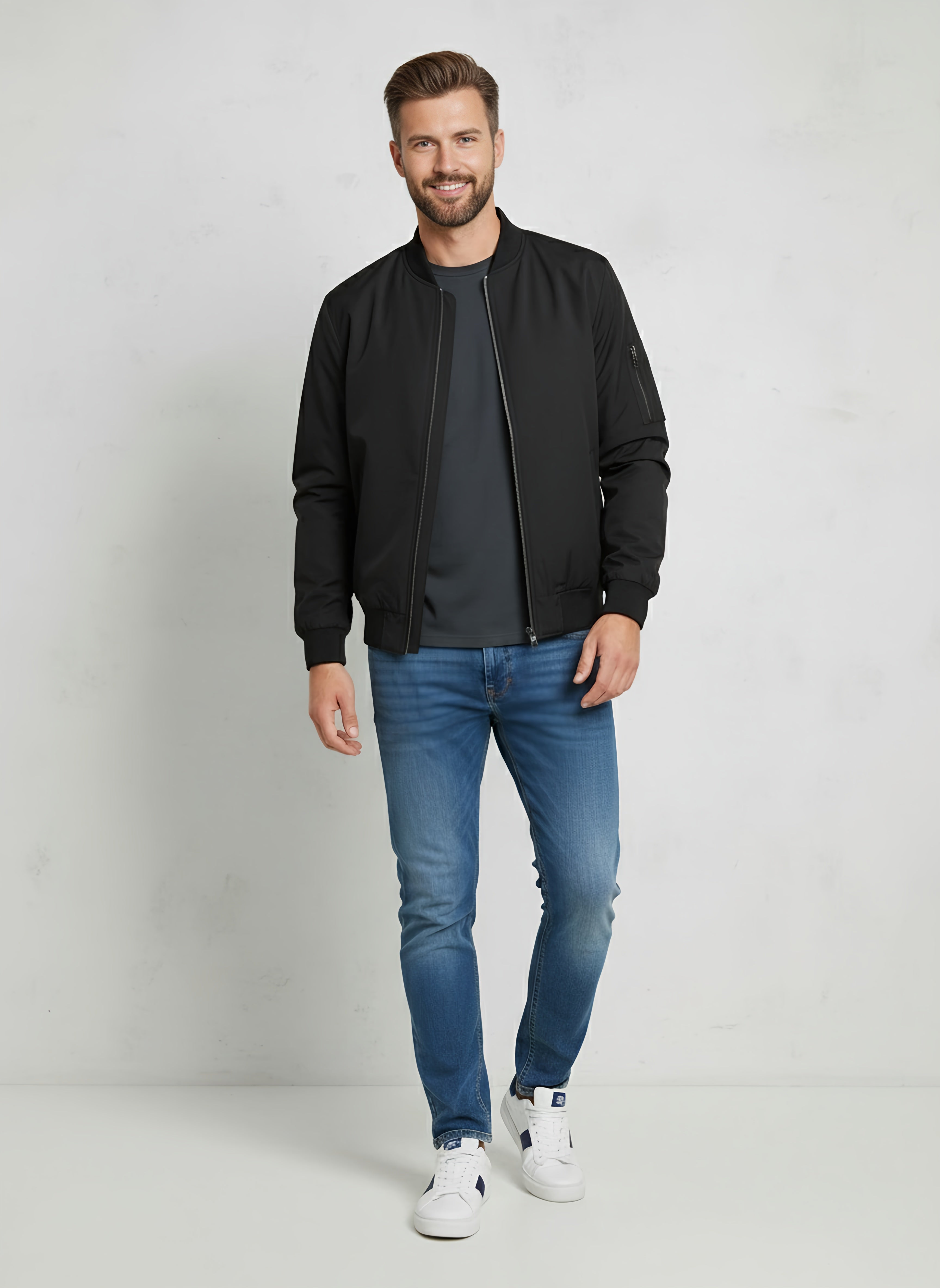 Lightweight Windbreaker Bomber Jacket for Men – Slim Fit, Stylish Design with Ribbed Cuffs and Arm Zip Pocket - 3