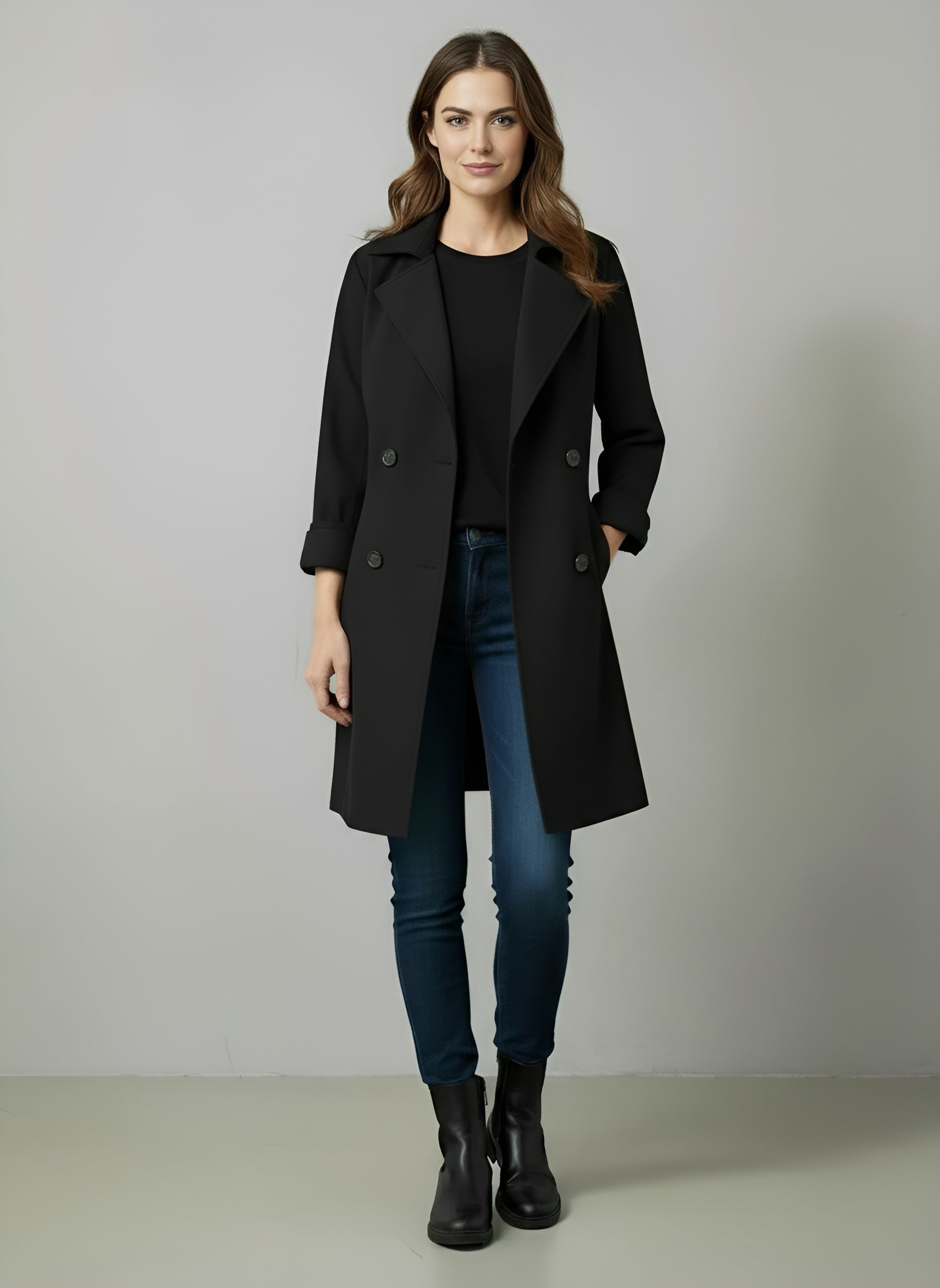 Double-Breasted Women's Trench Coat with Notched Lapel – Stylish Winter Outerwear for Cold Weather - 5