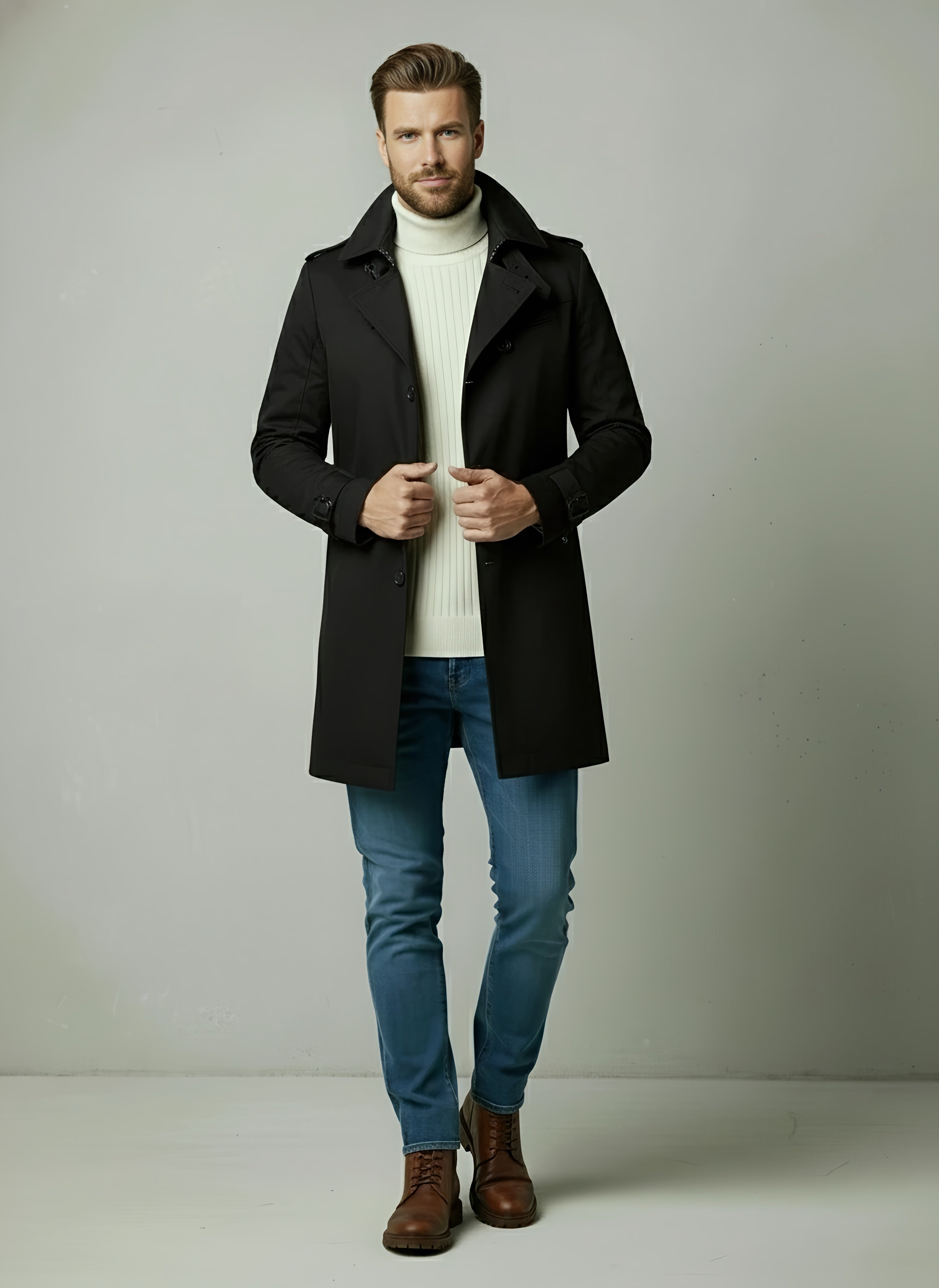 Men's Long Black Trench Coat – Lightweight Stylish Outerwear for All Occasions, Knee-Length Classic Design - 5