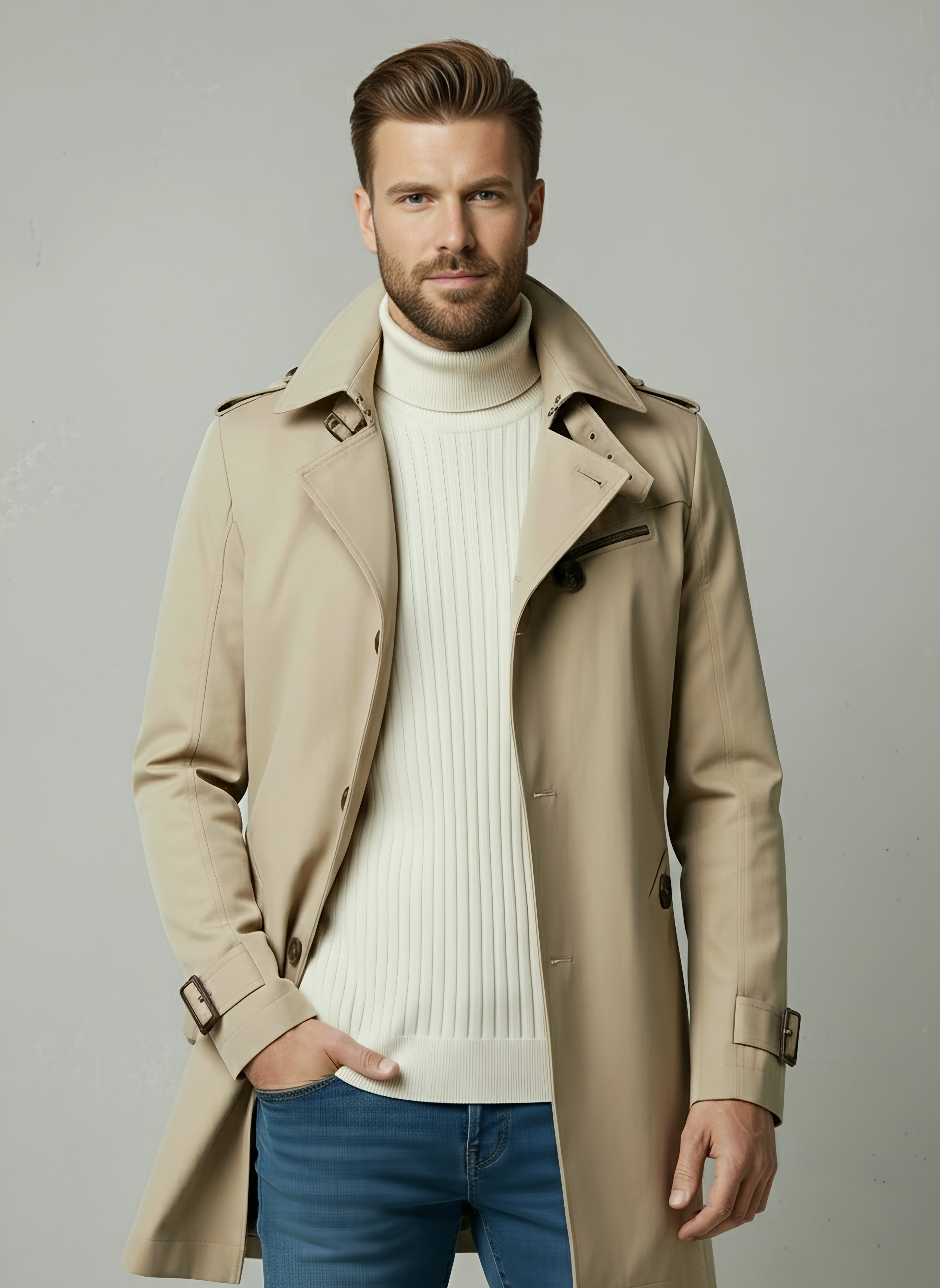 Men's Long Black Trench Coat – Lightweight Stylish Outerwear for All Occasions, Knee-Length Classic Design - 2