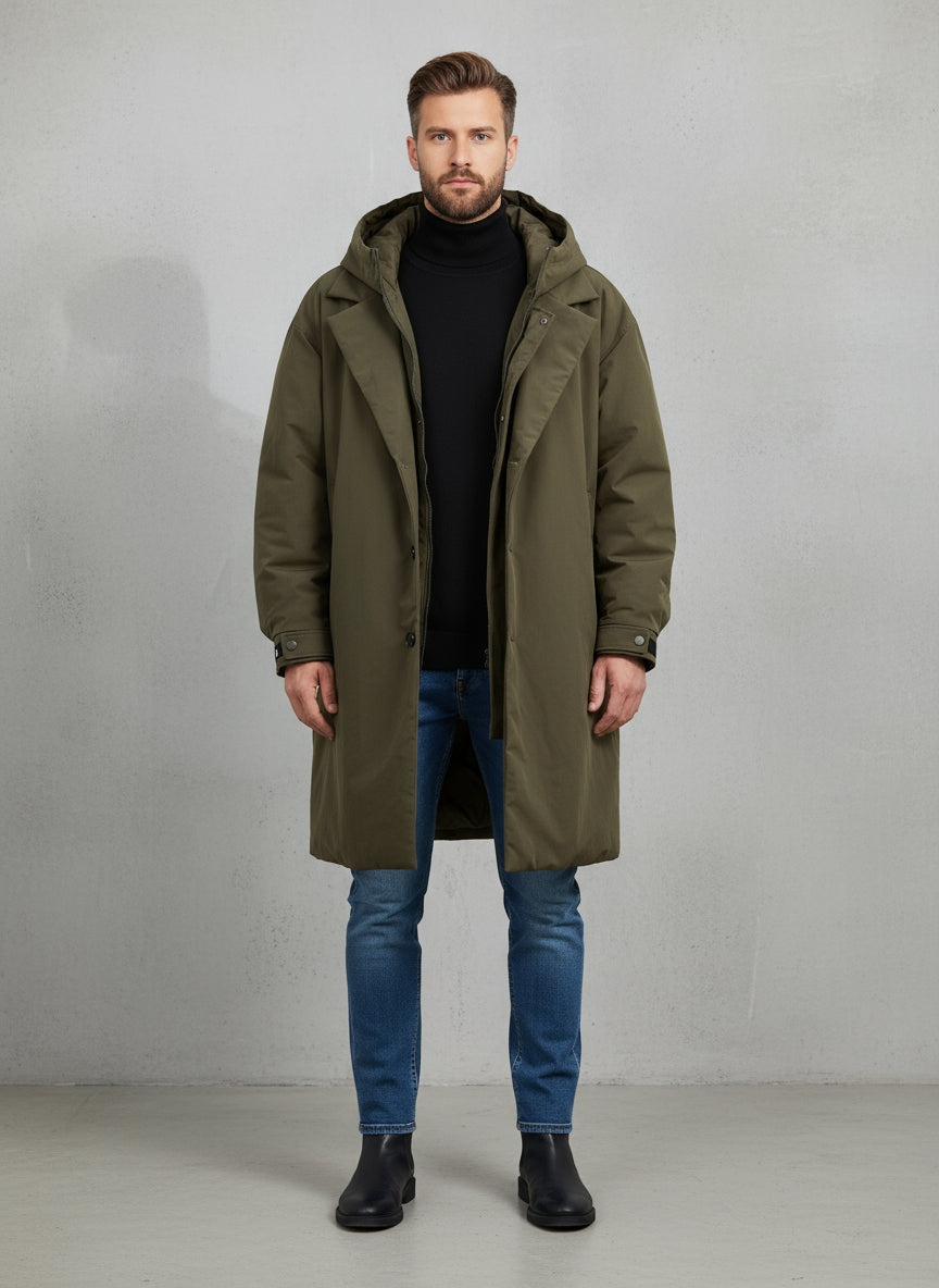 Waterproof Hooded Trench Coat for Men – Long Insulated Puffer Design for Cold Weather Protection - 1